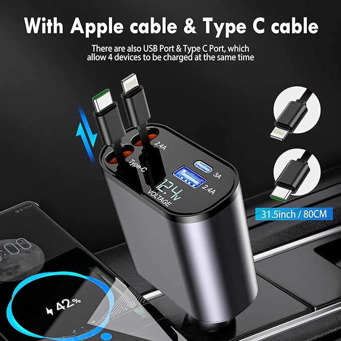 120W 4 In 1 Super Fast Car Phone Charger, Retractable Cables (31.5 Inch) And 2 Usb Ports
