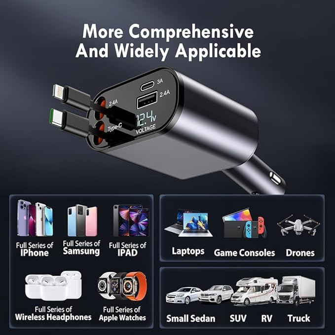 120W 4 In 1 Super Fast Car Phone Charger, Retractable Cables (31.5 Inch) And 2 Usb Ports